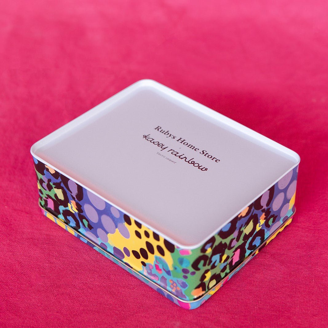 *PRE - ORDER* Kasey Rainbow Electric Leopard Biscuit Tin - Ruby's Home Store