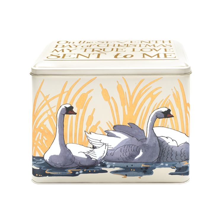 A square decorative tin with rounded corners, featuring an illustration of two swans in water with reeds. The top lid has gold text 
