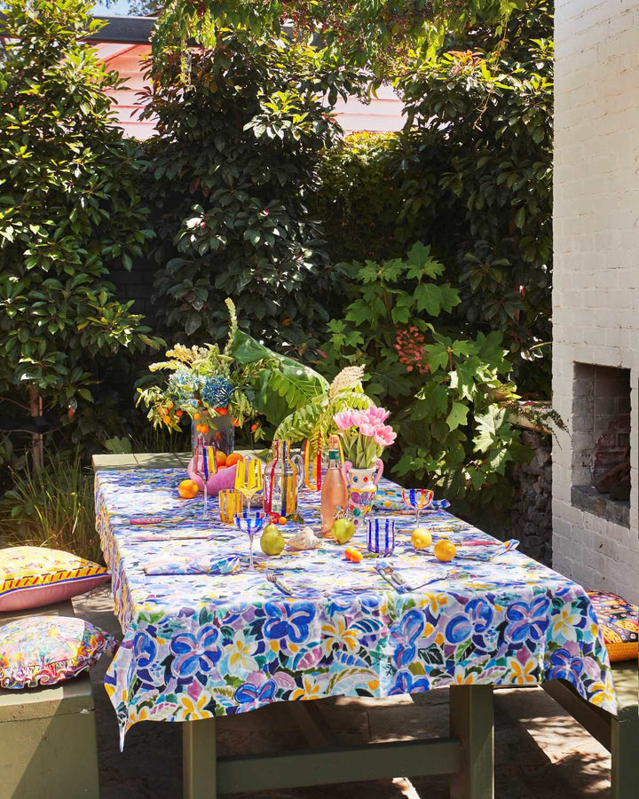 Frangipani linen tablecloth lifestyle shot. Kip & co x Ken Done collab at Ruby's Home Store