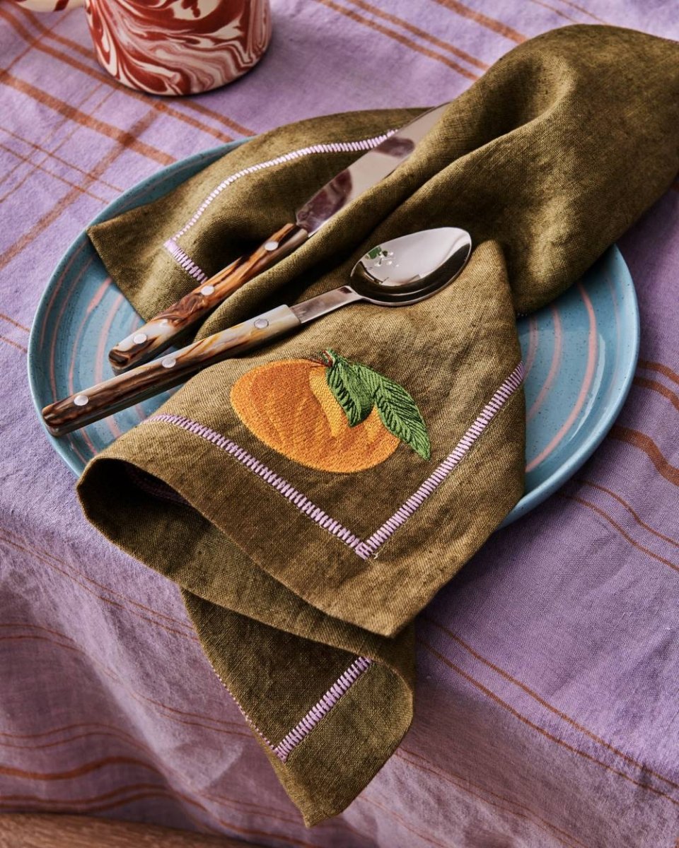 Autumn Fruits Embroidered Linen 4P Napkin Set - Kip & Co - Ruby's Home Store