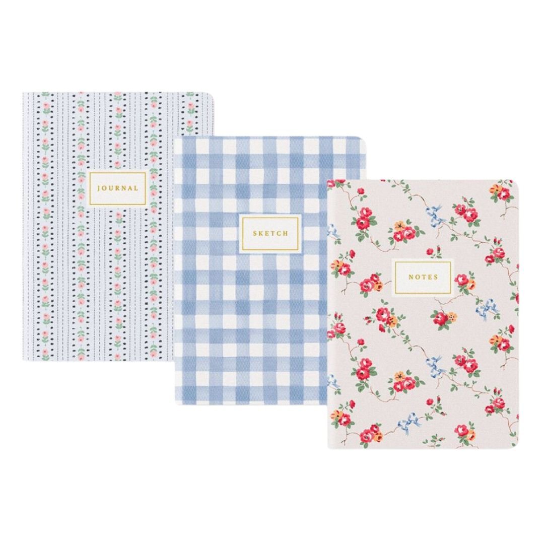 Cath Kidston Medium Note Book Set of 3 - Blue Floral & Check - Ruby's Home Store