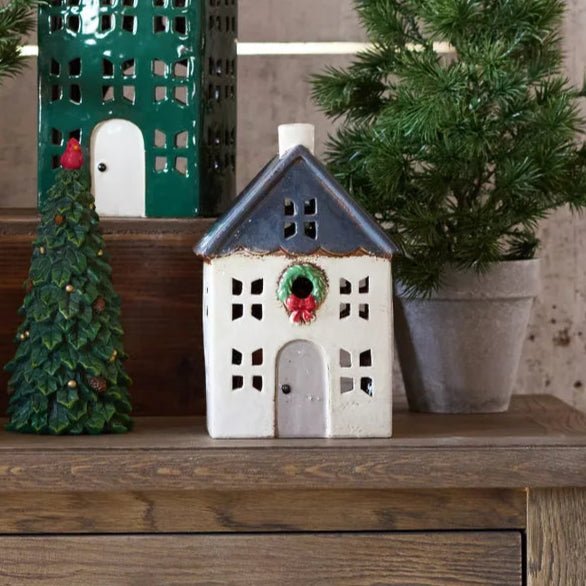 Christmas Tea Light House Blue With Wreath - Ruby's Home Store