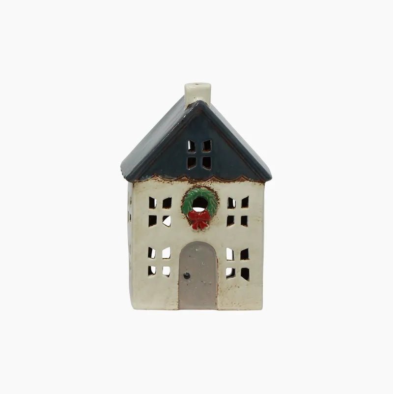 Christmas Tea Light House Blue With Wreath - Ruby's Home Store