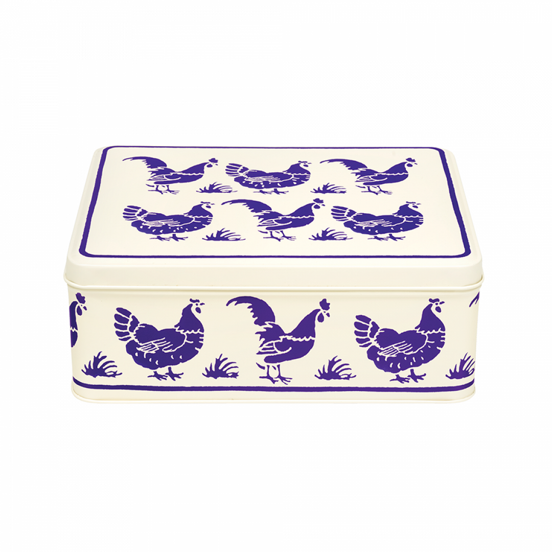 Rectangular tin box with blue chicken illustrations on a white background