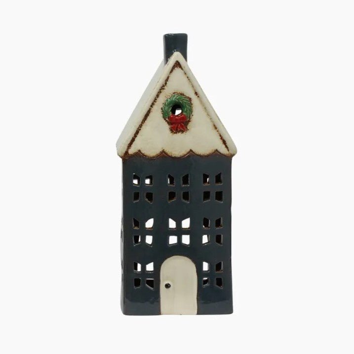 Large Christmas Tea Light House Blue With Wreath - Ruby's Home Store