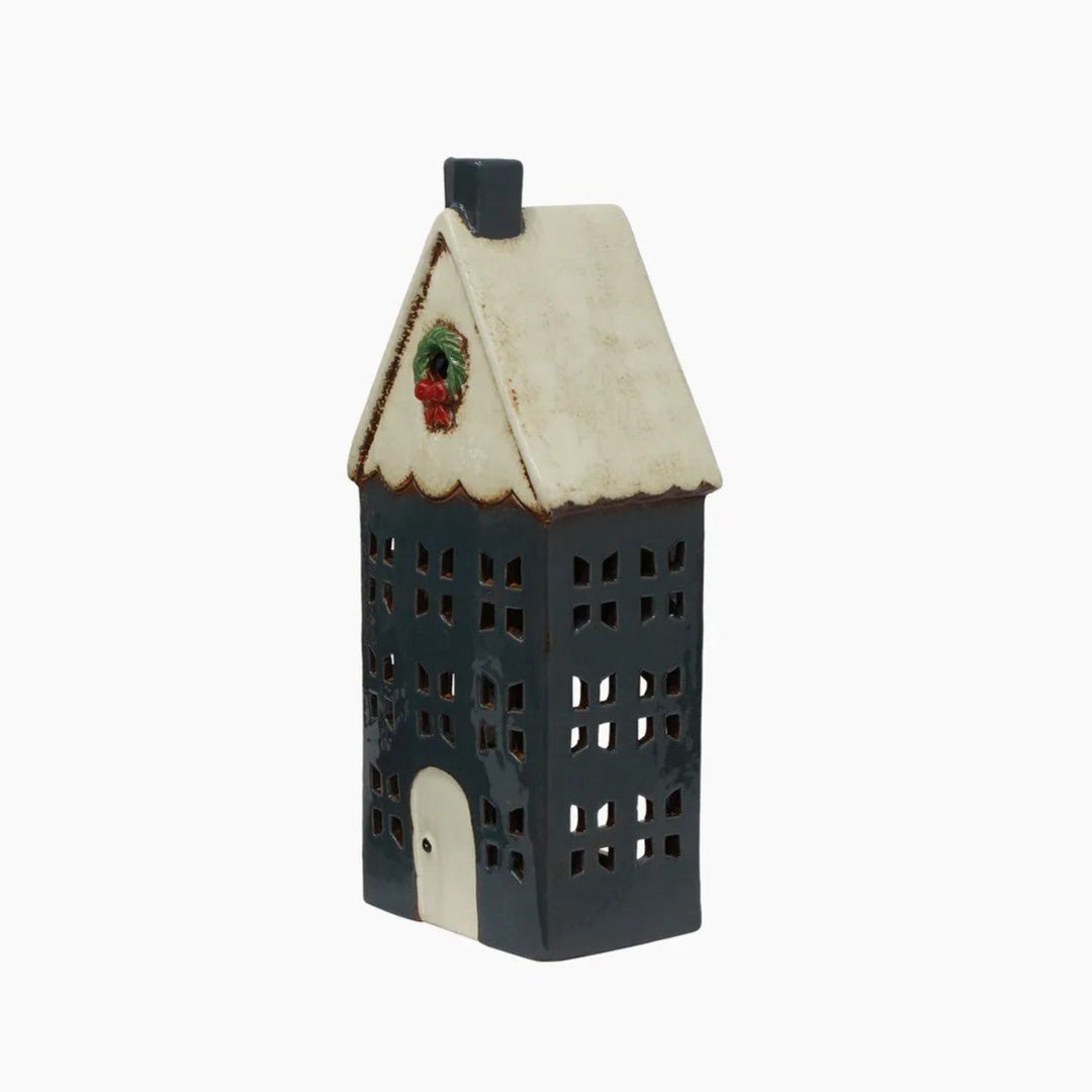 Large Christmas Tea Light House Blue With Wreath - Ruby's Home Store