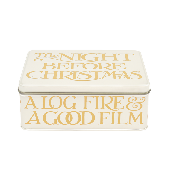 A square cream-colored metal tin with gold foil text reading &