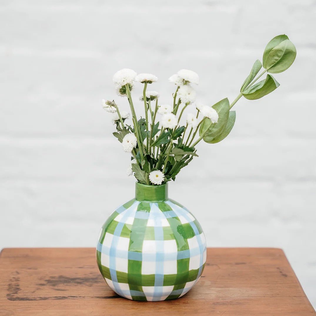 Round Bud Vase - Emerald & Cornflower Gingham - Noss & Co - Ruby's Home Store