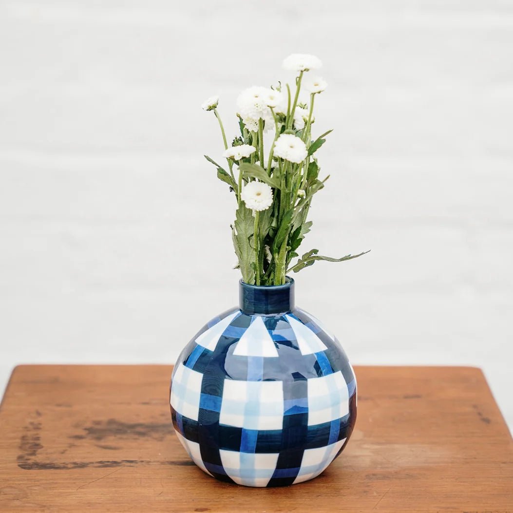 Round Bud Vase - Navy & Cornflower Gingham - Noss & Co - Ruby's Home Store