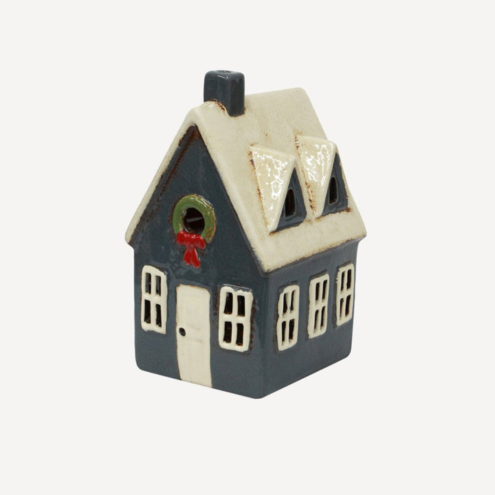 Tea Light Cottage Navy With Wreath - Ruby's Home Store