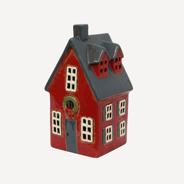 Tea Light Cottage Red With Wreath - Ruby's Home Store