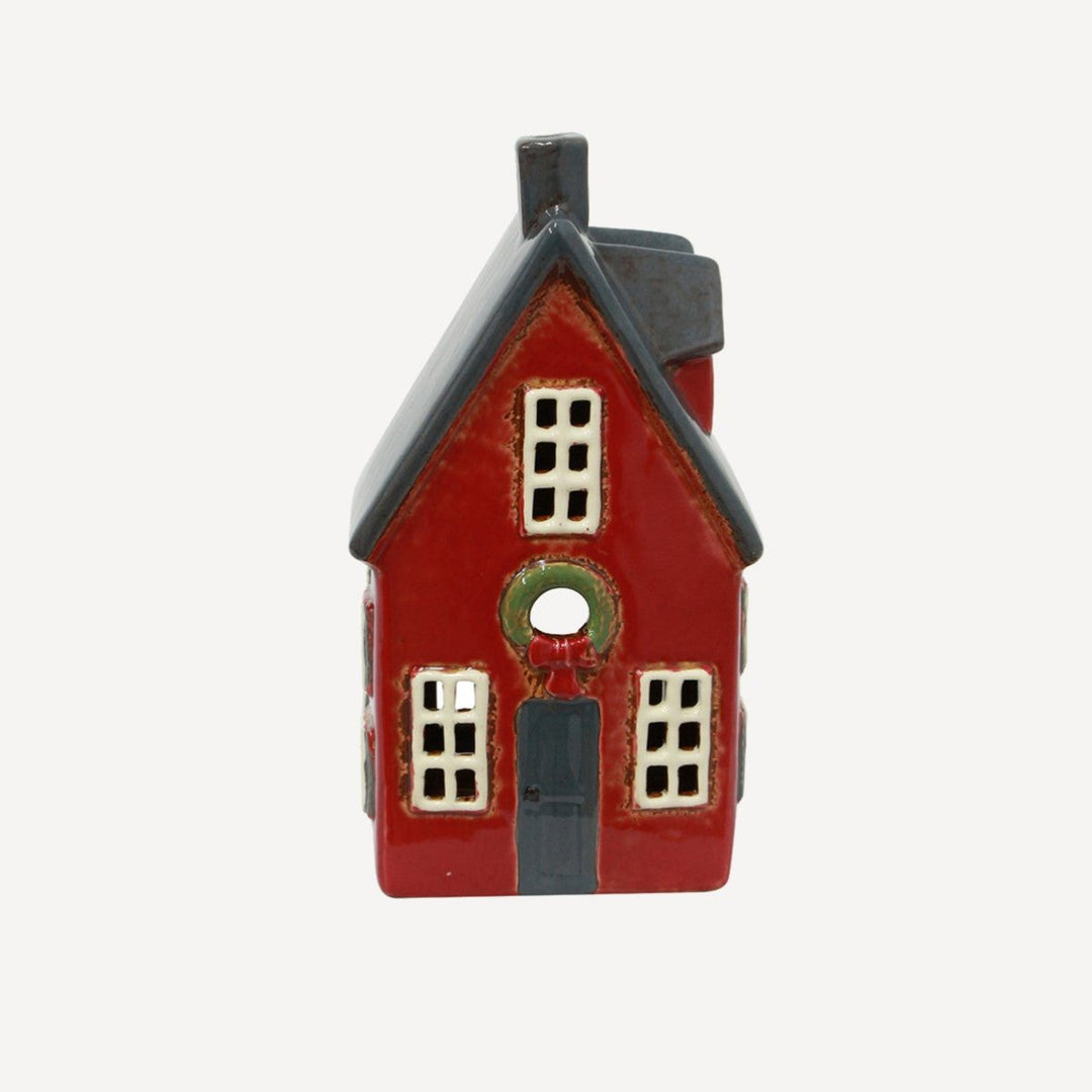 Tea Light Cottage Red With Wreath - Ruby's Home Store