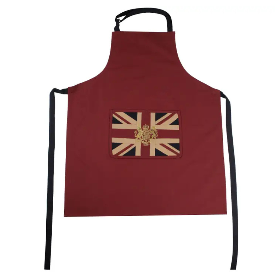 Red apron with a Union Jack design on a white background