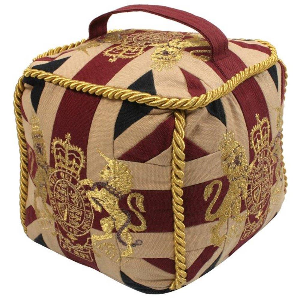 Decorative door stop with British flag pattern and gold accents on a white background